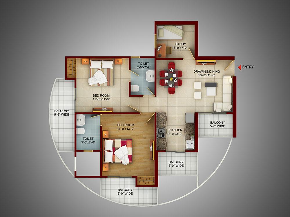 2 BHK+Study